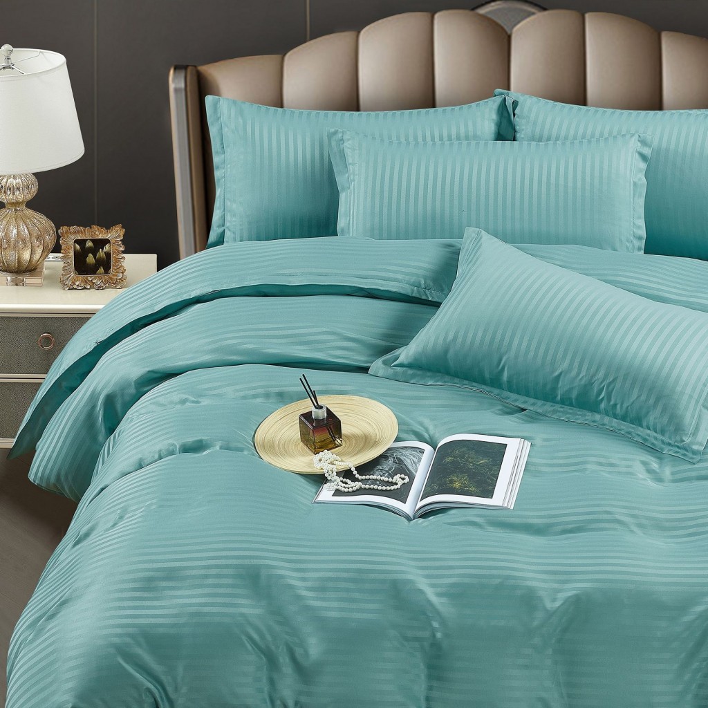 Lenjerie de pat, 2 persoane, damasc, 6 piese, cu elastic, UniDeluxe, bleu , LDA264