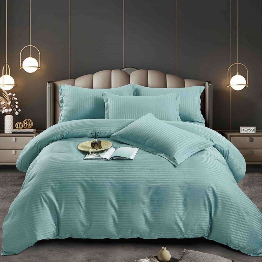 Lenjerie de pat, 2 persoane, damasc, 6 piese, UniDeluxe, bleu , LDA307