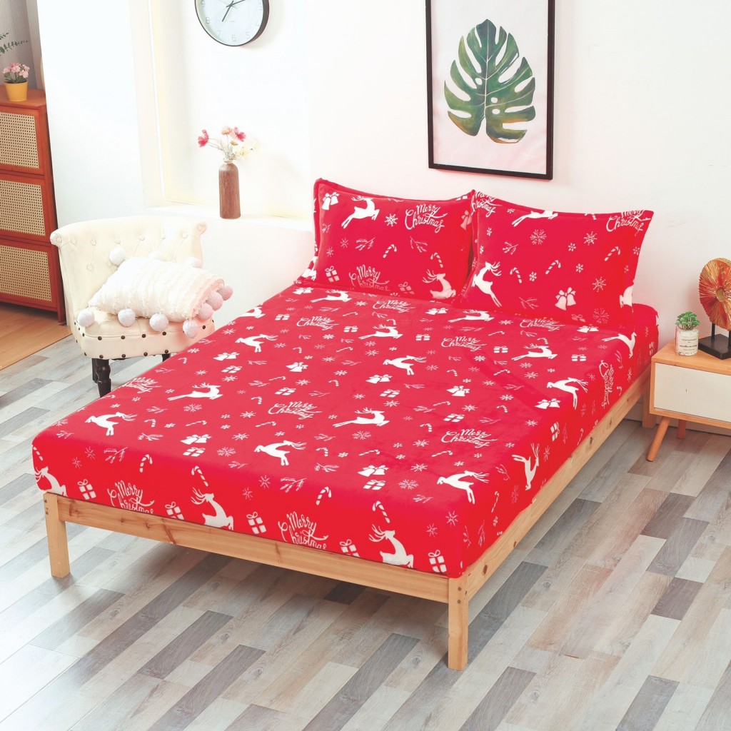 Husă de pat, 2 persoane, cocolino, 3 piese, cu elastic, 180x200cm, imprimeu motiv Crăciun, HPC1002