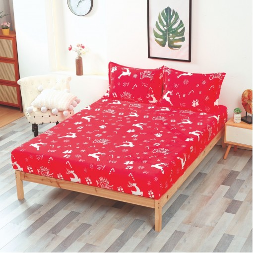 Husă de pat, 2 persoane, cocolino, 3 piese, cu elastic, 180x200cm, imprimeu motiv Crăciun, HPC1002
