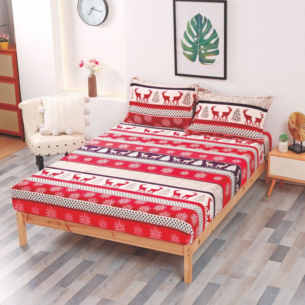 Husă de pat, 2 persoane, cocolino, 3 piese, cu elastic, 180x200cm, imprimeu motiv Crăciun, HPC1005