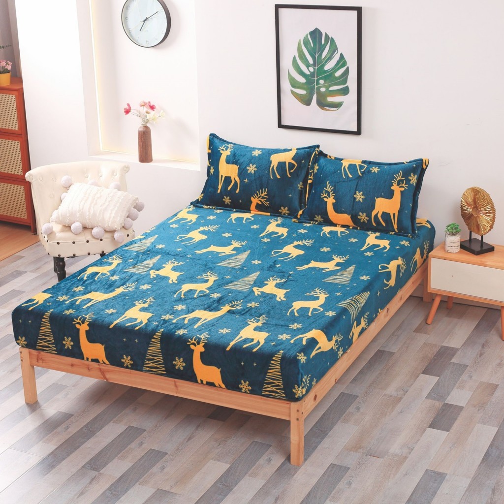 Husă de pat, 2 persoane, cocolino, 3 piese, cu elastic, 180x200cm, imprimeu motiv Crăciun, HPC1009