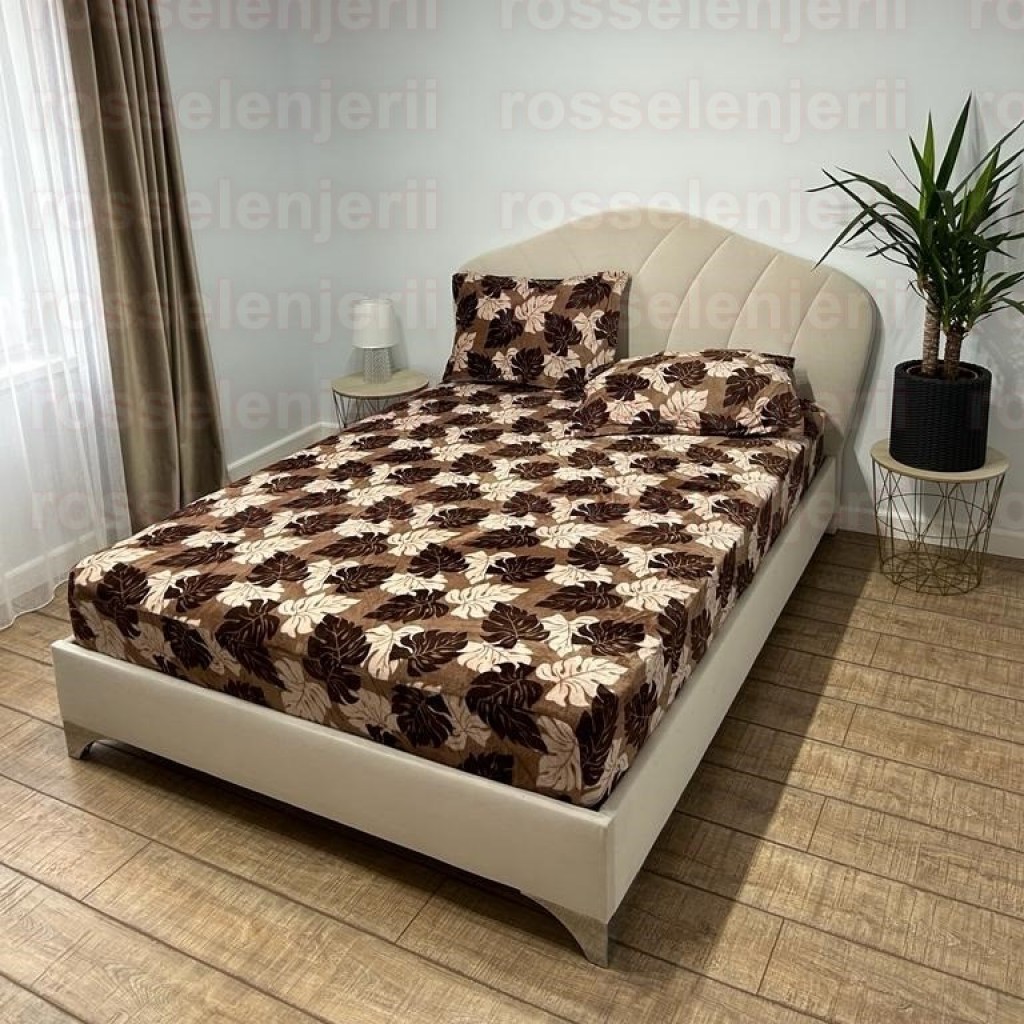 Husă de pat, 2 persoane, cocolino, 3 piese, cu elastic, 180x200cm, maro și crem, cu frunze, HPC110