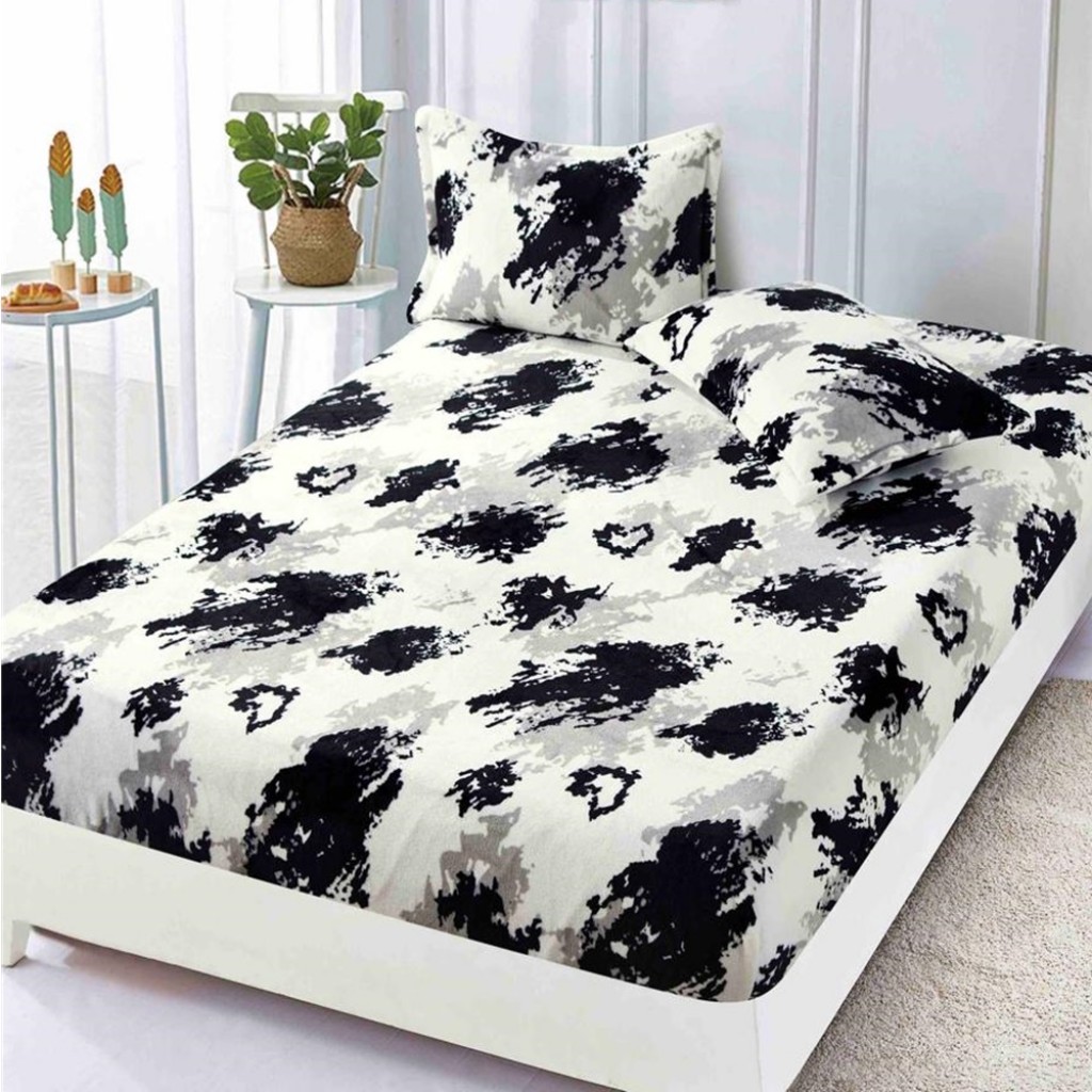 Husa de pat, 2 persoane, cocolino, 3 piese, cu elastic, 180x200cm, crem, cu pete gri și negre, HPC131 Husa de pat, 2 persoane, cocolino, 3 piese, cu elastic, 180x200cm, crem, cu pete gri și negre, HPC131