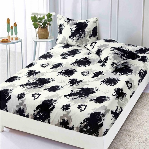 Husa de pat, 2 persoane, cocolino, 3 piese, cu elastic, 180x200cm, crem, cu pete gri și negre, HPC131