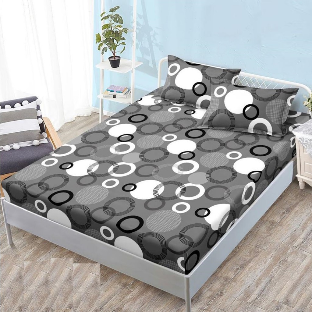 Husa de pat, 2 persoane, cocolino, 3 piese, cu elastic, 180x200cm, gri închis , cu cercuri albe și negre, HPC135 Husa de pat, 2 persoane, cocolino, 3 piese, cu elastic, 180x200cm, gri închis , cu cercuri albe și negre, HPC135