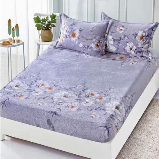 Husa de pat, 2 persoane, cocolino, 3 piese, cu elastic, 180x200cm, gri , cu flori albe, HPC142