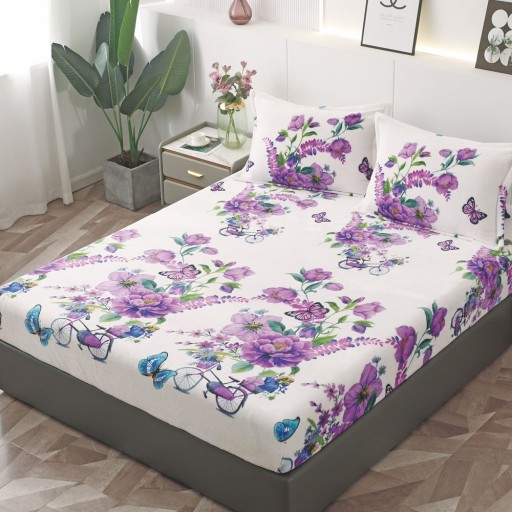 Husă de pat, 2 persoane, cocolino, 3 piese, cu elastic, 180x200cm, alb , cu flori mov, HPC148