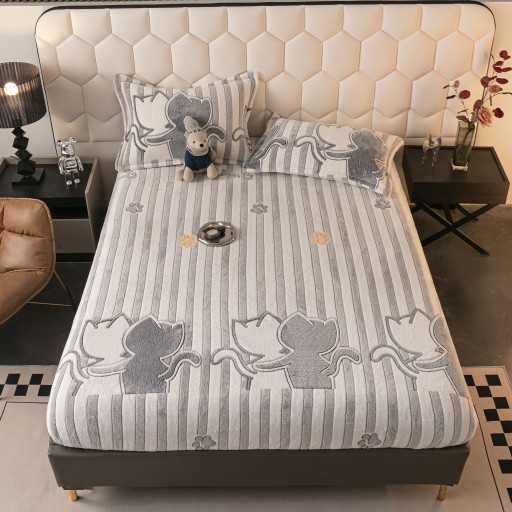 Husă de pat, 2 persoane, cocolino, 3 piese, cu elastic, 180x200cm, gri și alb, cu pisicuțe, HPC149