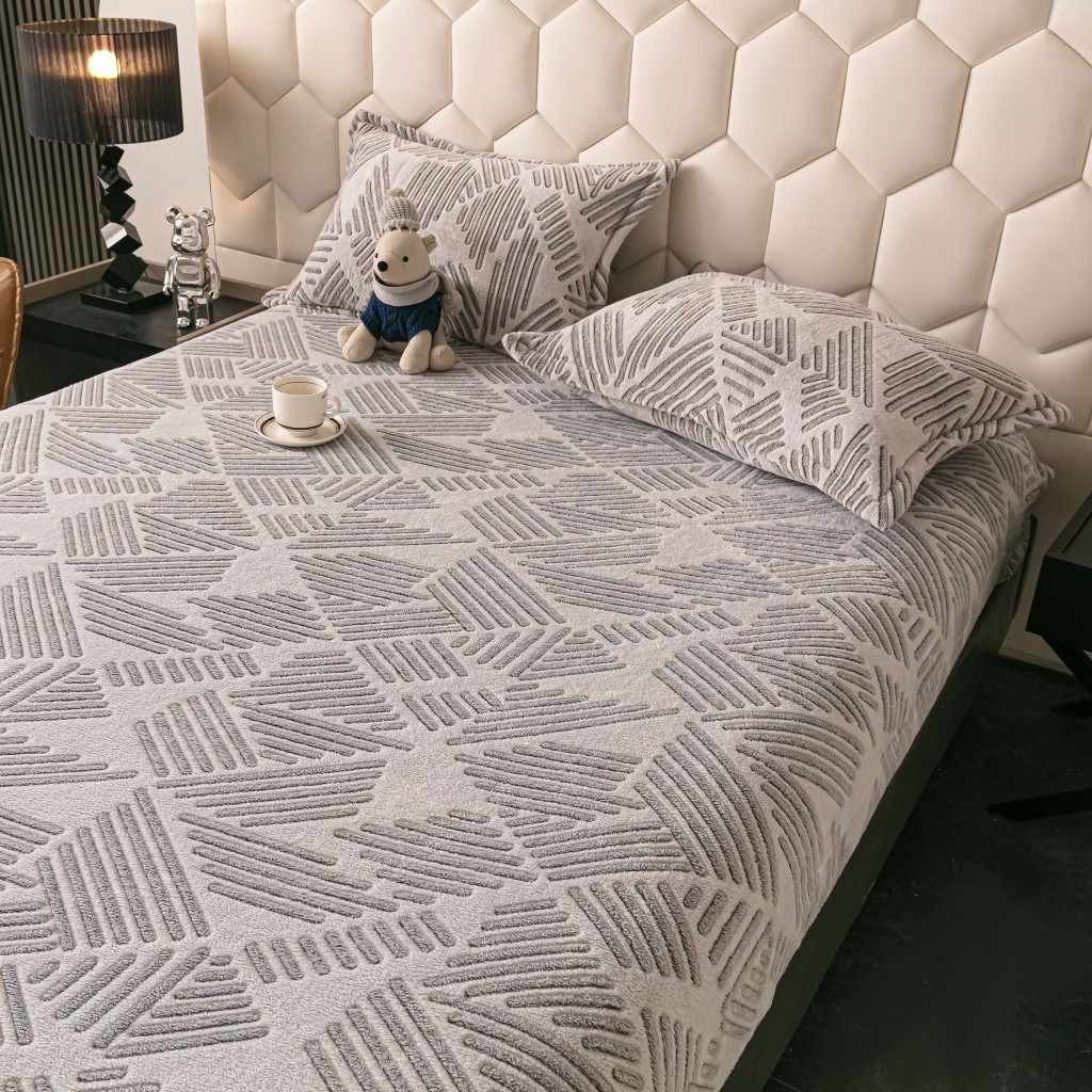 Husă de pat, 2 persoane, cocolino, 3 piese, cu elastic, 180x200cm, gri , cu liniuțe, HPC153