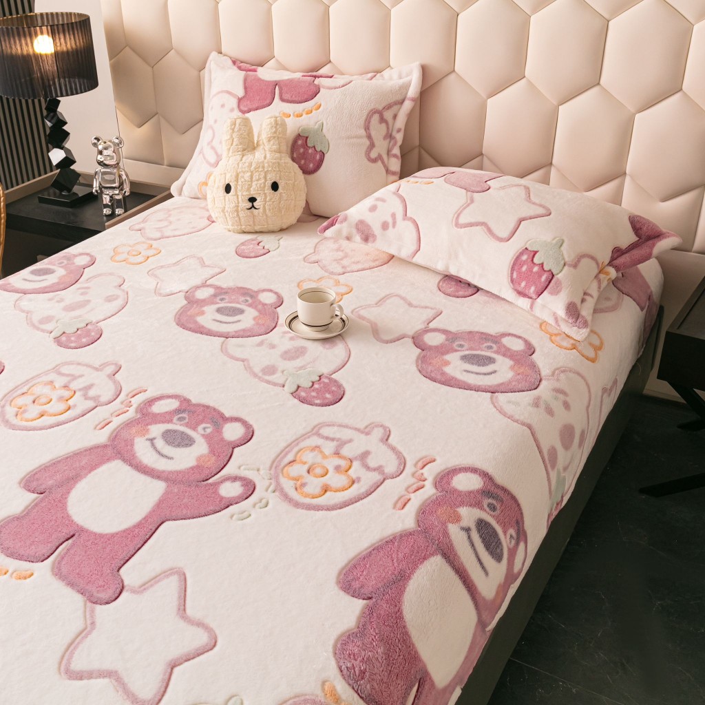 Husă de pat, 2 persoane, cocolino, 3 piese, cu elastic, 180x200cm, crem și roz, cu ursuleți, HPC154