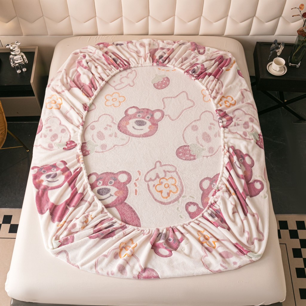 Husă de pat, 2 persoane, cocolino, 3 piese, cu elastic, 180x200cm, crem și roz, cu ursuleți, HPC154