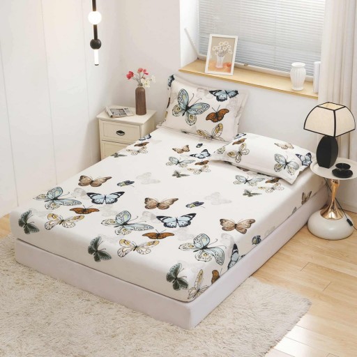 Husă de pat, 2 persoane, cocolino, 3 piese, cu elastic, 180x200cm, crem , cu fluturași, HPC156