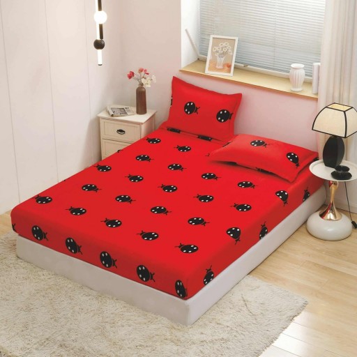 Husă de pat, 2 persoane, cocolino, 3 piese, cu elastic, 180x200cm, roșu , cu buburuze negre, HPC157
