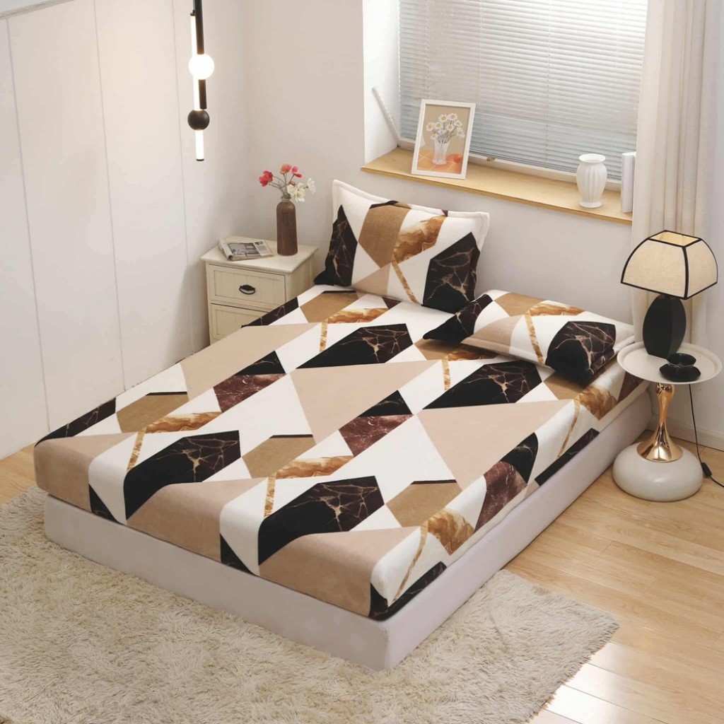 Husă de pat, 2 persoane, cocolino, 3 piese, cu elastic, 180x200cm, crem maro negru, imprimeu mozaic, HPC158