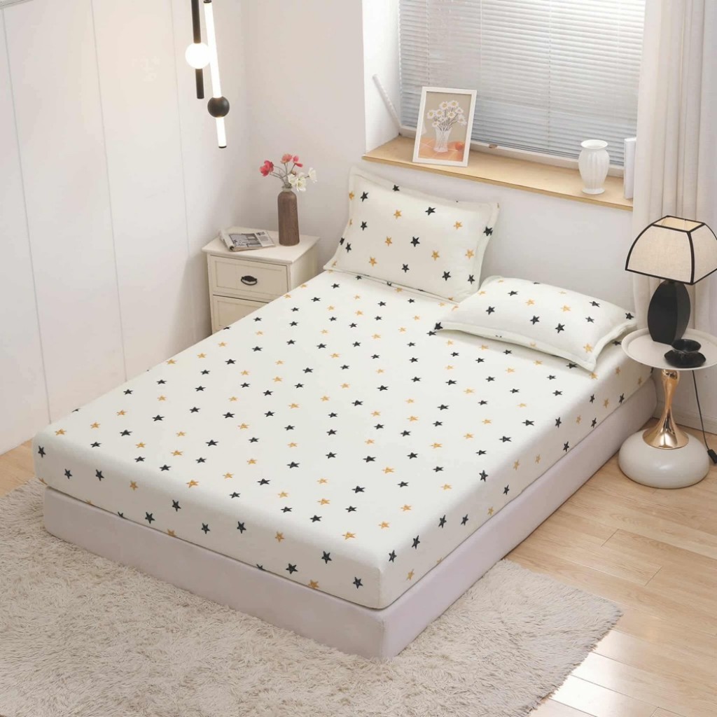 Husă de pat, 2 persoane, cocolino, 3 piese, cu elastic, 180x200cm, crem , cu steluțe, HPC160