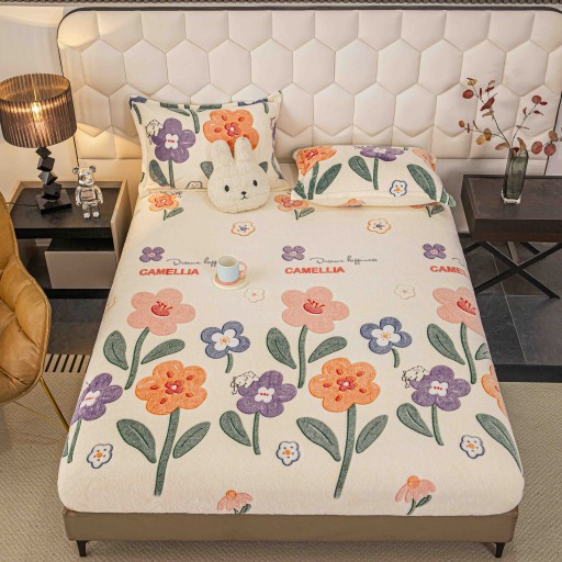 Husă de pat, 2 persoane, cocolino, 3 piese, cu elastic, 180x200cm, crem , cu flori, HPC165