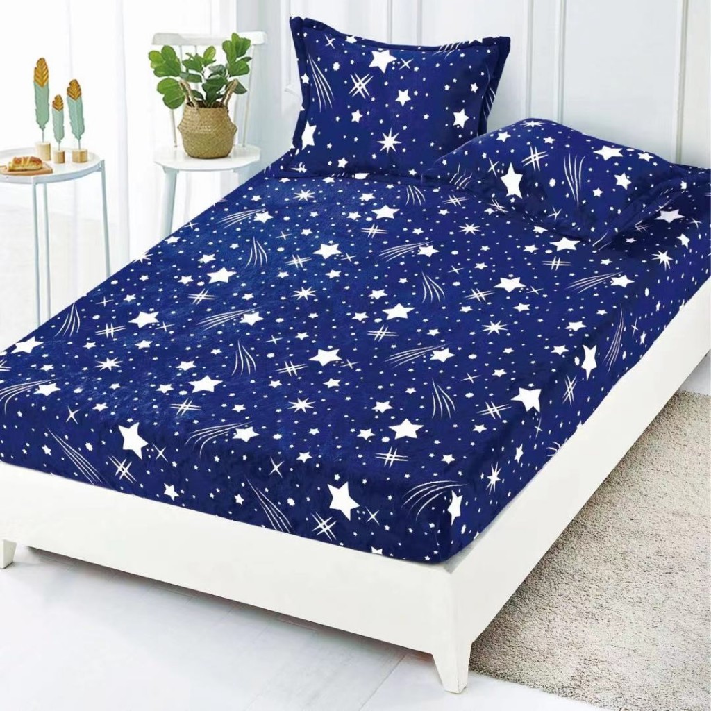 Husă de pat, 2 persoane, cocolino, 3 piese, cu elastic, 180x200cm, albastru , cu steluțe albe, HPC28