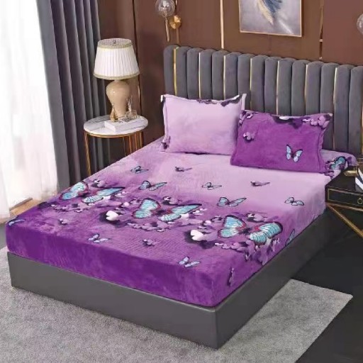 Husă de pat, 2 persoane, cocolino, 3 piese, cu elastic, 180x200cm, mov , cu fluturași, HPC42