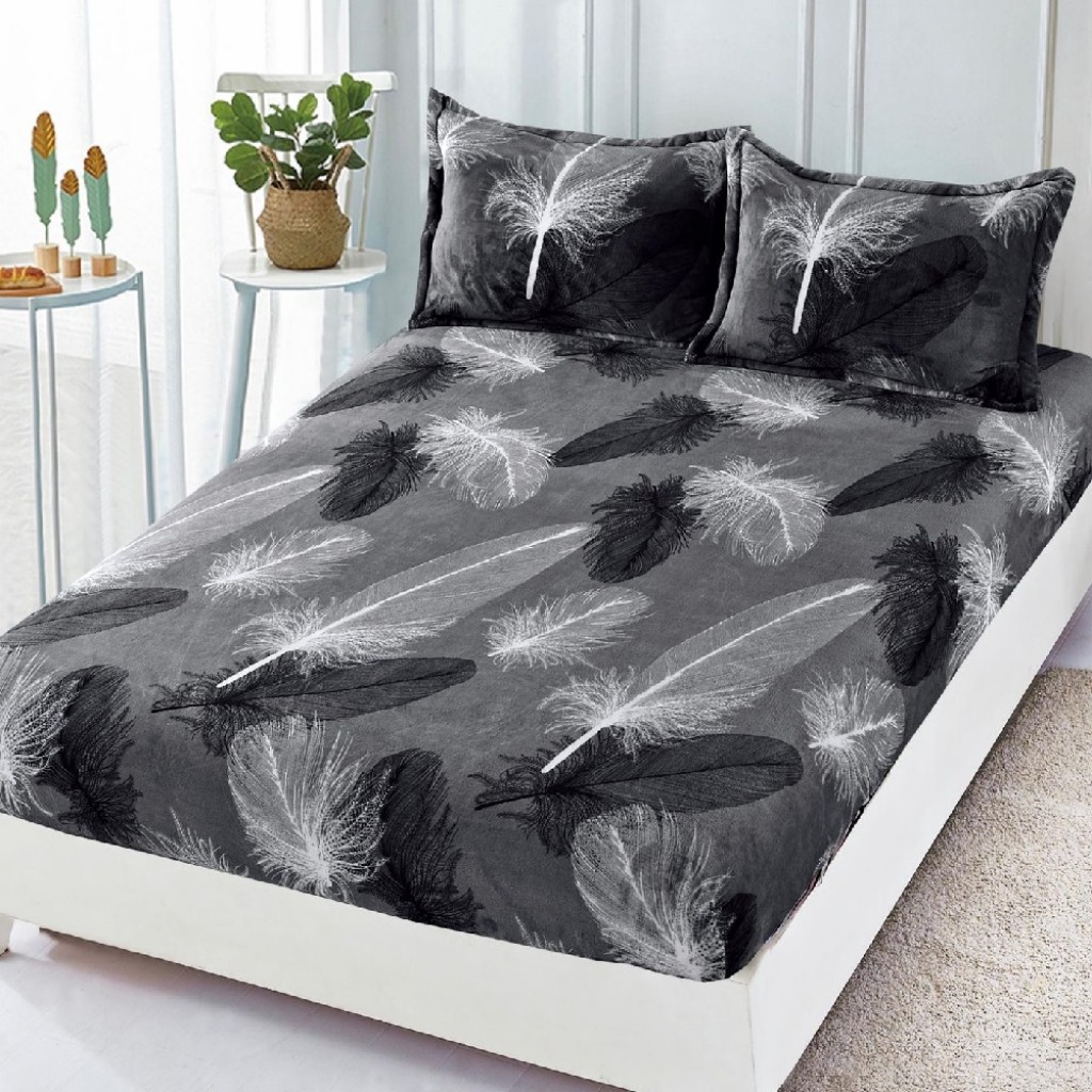 Husă de pat, 2 persoane, cocolino, 3 piese, cu elastic, 180x200cm, gri , cu pene, HPC51