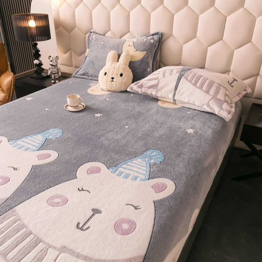 Husă de pat, 2 persoane, cocolino, 3 piese, cu elastic, 180x200cm, gri , cu urși polari, HPC58