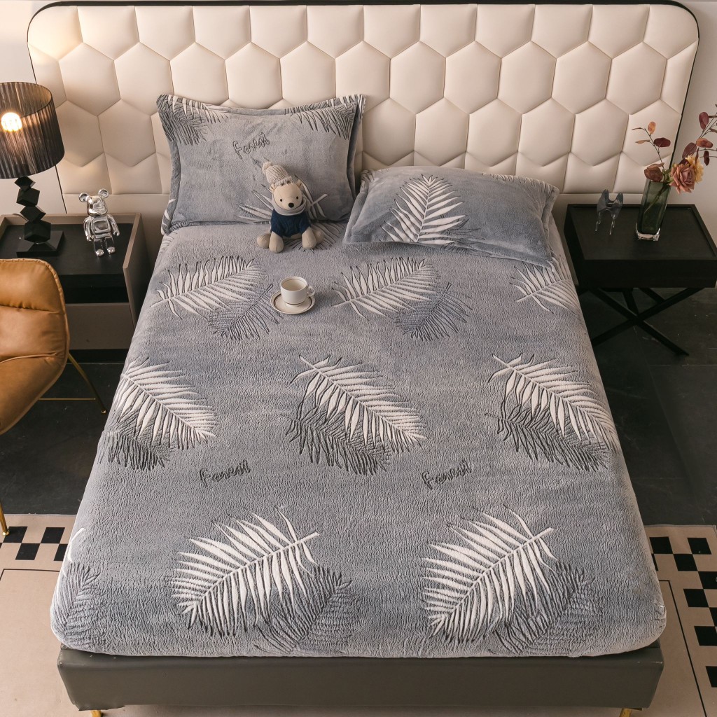 Husă de pat, 2 persoane, cocolino, 3 piese, cu elastic, 180x200cm, gri , cu frunze albe, HPC59