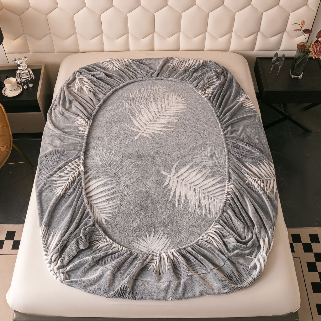 Husă de pat, 2 persoane, cocolino, 3 piese, cu elastic, 180x200cm, gri , cu frunze albe, HPC59