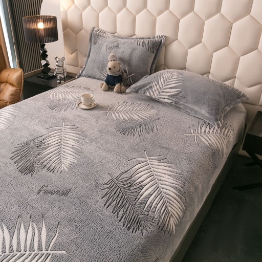 Husă de pat, 2 persoane, cocolino, 3 piese, cu elastic, 180x200cm, gri , cu frunze albe, HPC59