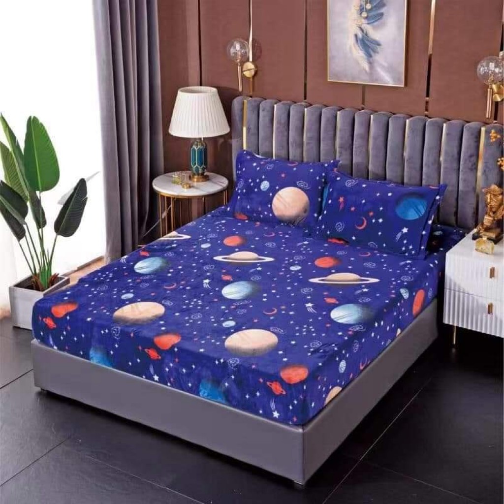 Husă de pat, 2 persoane, cocolino, 3 piese, cu elastic, 180x200cm, albastru , cu planete, HPC66