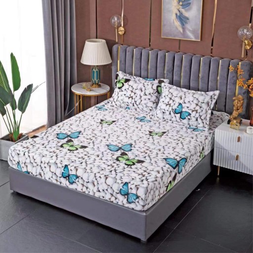 Husă de pat, 2 persoane, cocolino, 3 piese, cu elastic, 180x200cm, gri și alb, cu fluturi și pietre, HPC72