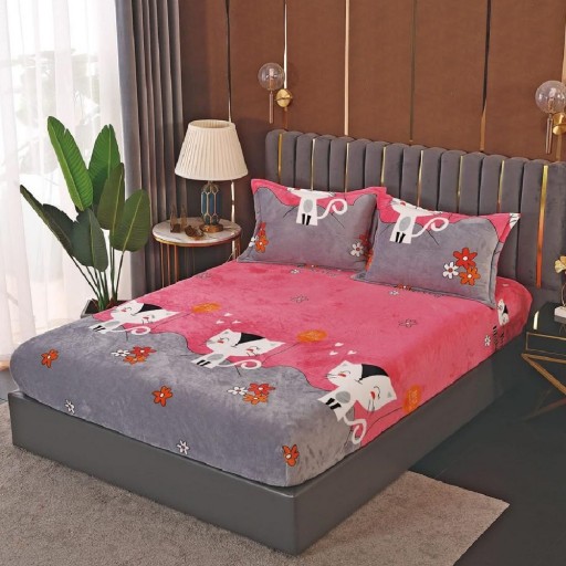 Husă de pat, 2 persoane, cocolino, 3 piese, cu elastic, 180x200cm, roz , cu pisică, HPC75