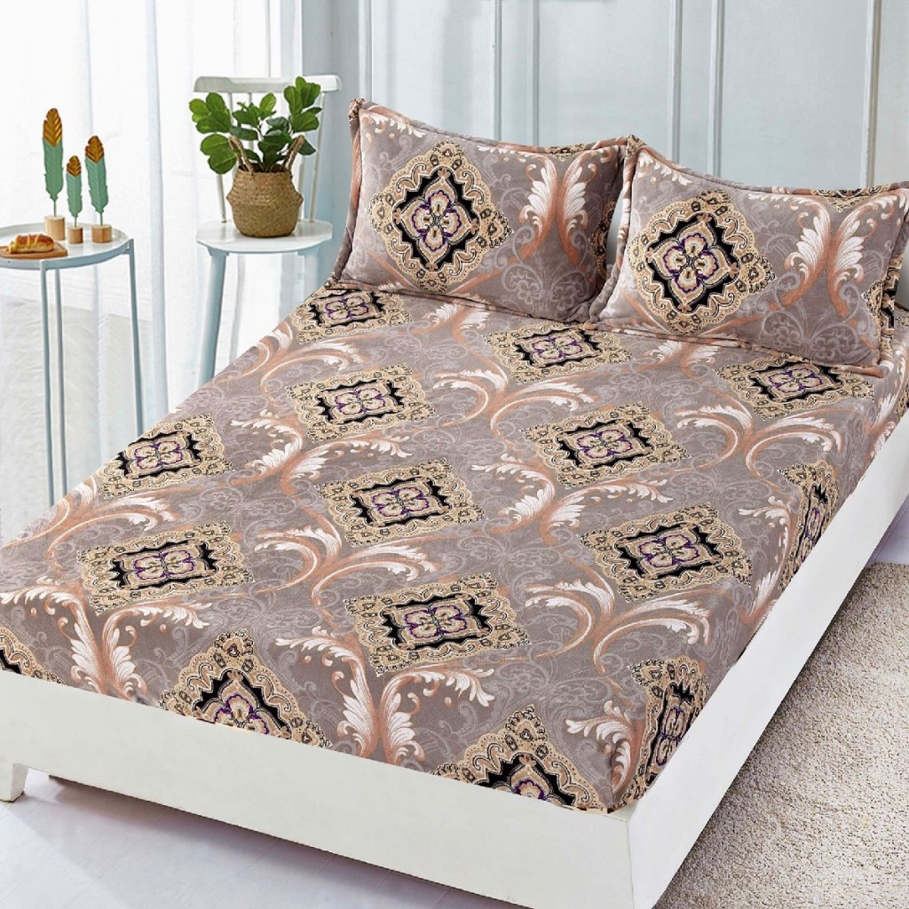 Husă de pat, 2 persoane, cocolino, 3 piese, cu elastic, 180x200cm, gri , cu model auriu, HPC81