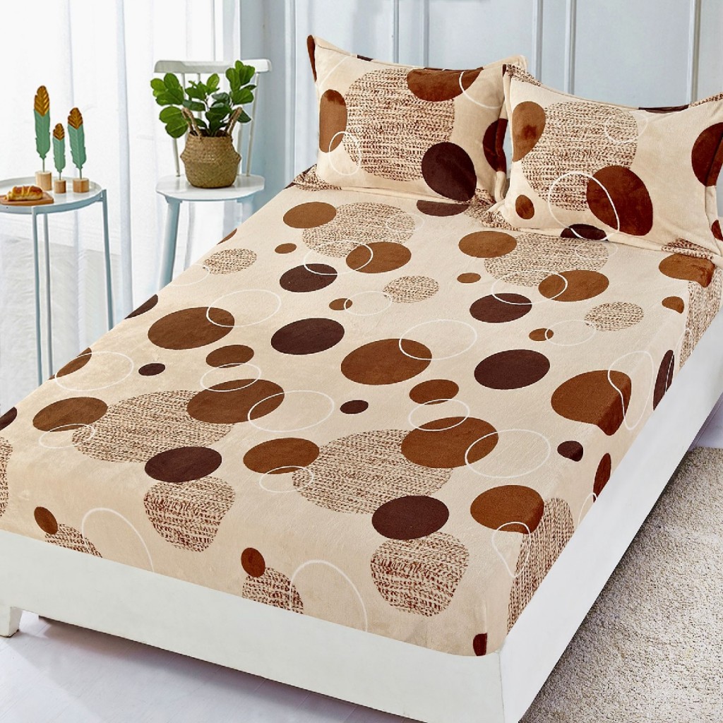 Husă de pat, 2 persoane, cocolino, 3 piese, cu elastic, 180x200cm, crem și maro, cu cerculețe, HPC91