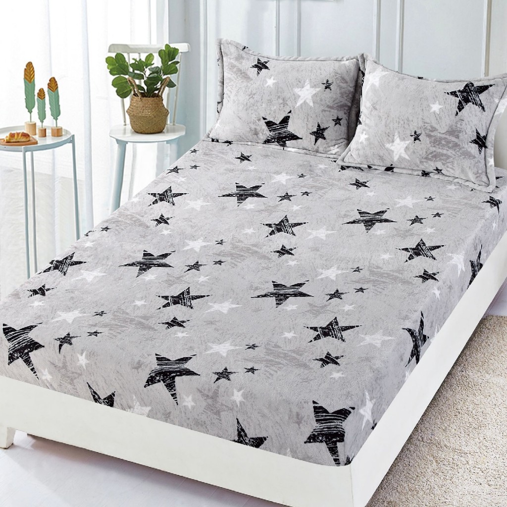 Husă de pat, 2 persoane, cocolino, 3 piese, cu elastic, 180x200cm, gri , cu steluțe albe și negre, HPC92