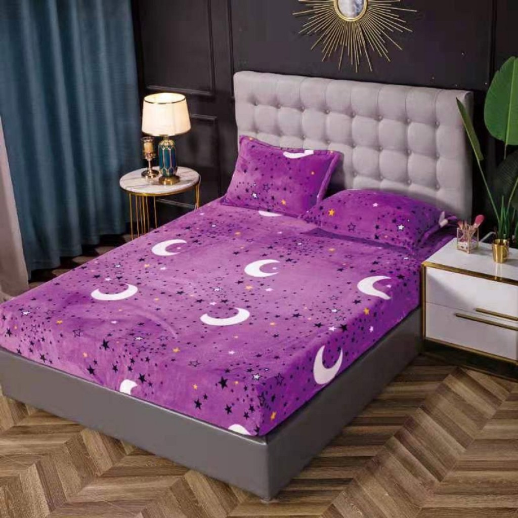 Husă de pat, 2 persoane, cocolino, 3 piese, cu elastic, 180x200cm, mov , cu lună și stele, HPC96