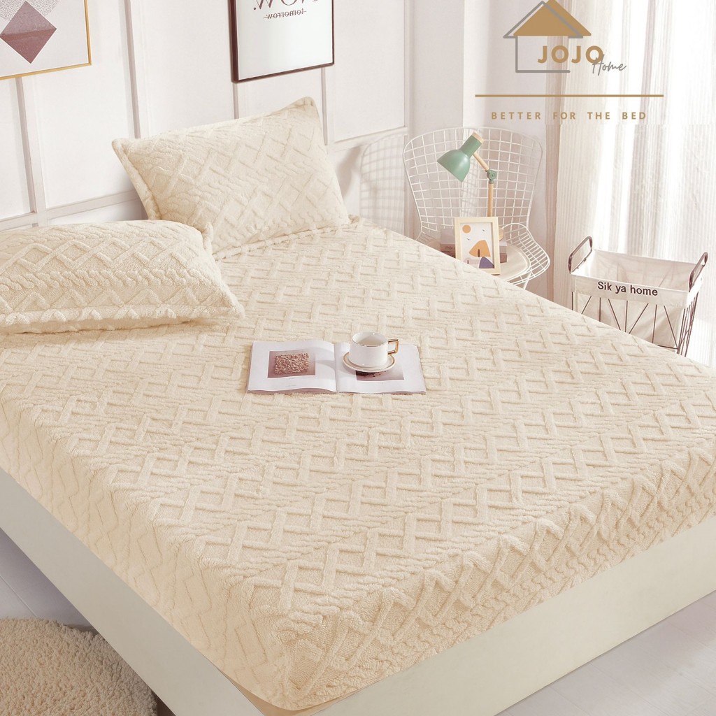 Husă de pat, 2 persoane, cocolino, Tricotaj, 3 piese, cu elastic, 180x200cm, crem deschis, HPC501