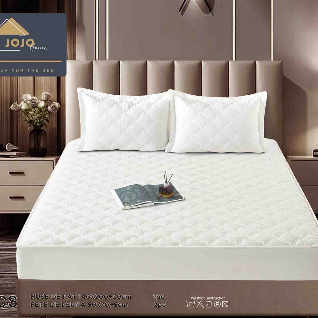 Husă de pat, Topper, 2 persoane, catifea, 140x200cm, 3 piese, cu elastic, alb , HPT401