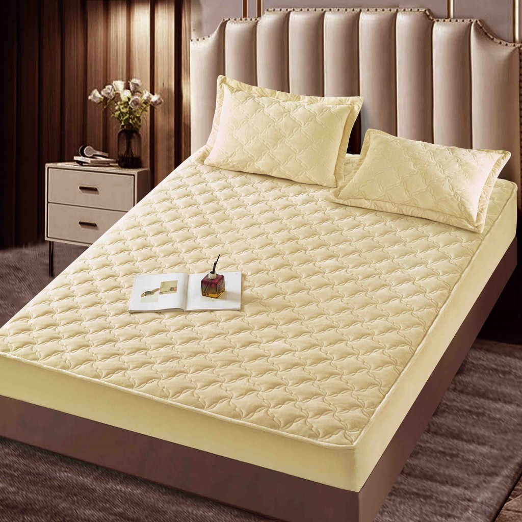 Husă de pat, Topper, 2 persoane, catifea, 140x200cm, 3 piese, cu elastic, crem deschis , HPT402