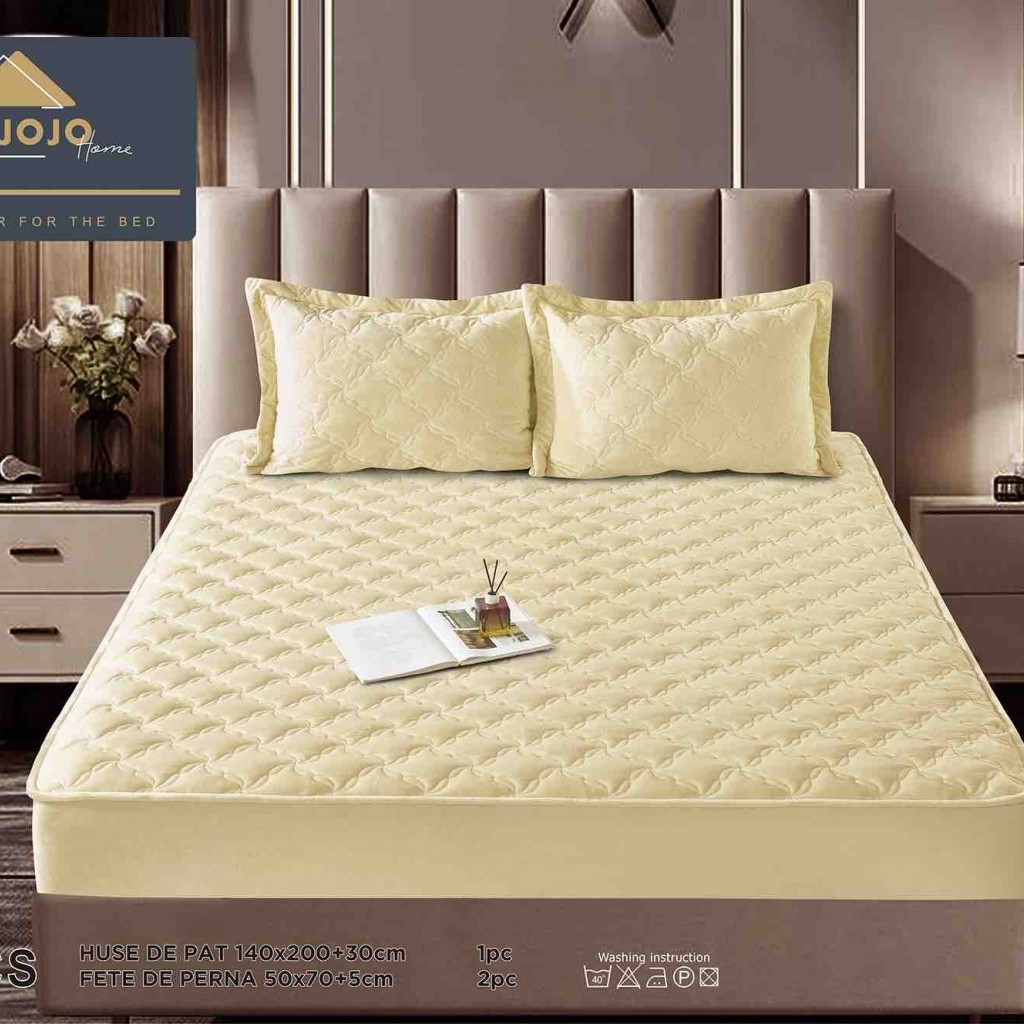 Husă de pat, Topper, 2 persoane, catifea, 140x200cm, 3 piese, cu elastic, crem deschis , HPT402