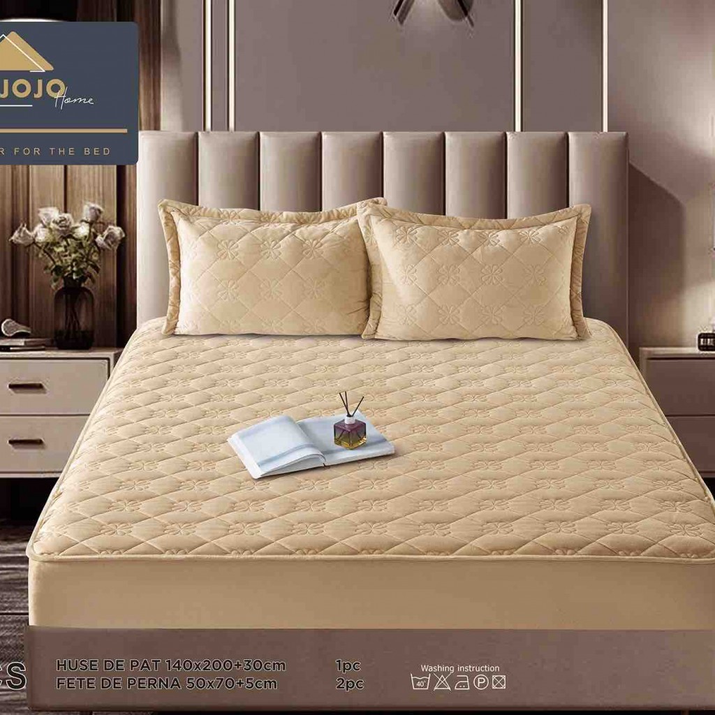 Husă de pat, Topper, 2 persoane, catifea, 140x200cm, 3 piese, cu elastic, crem , HPT403