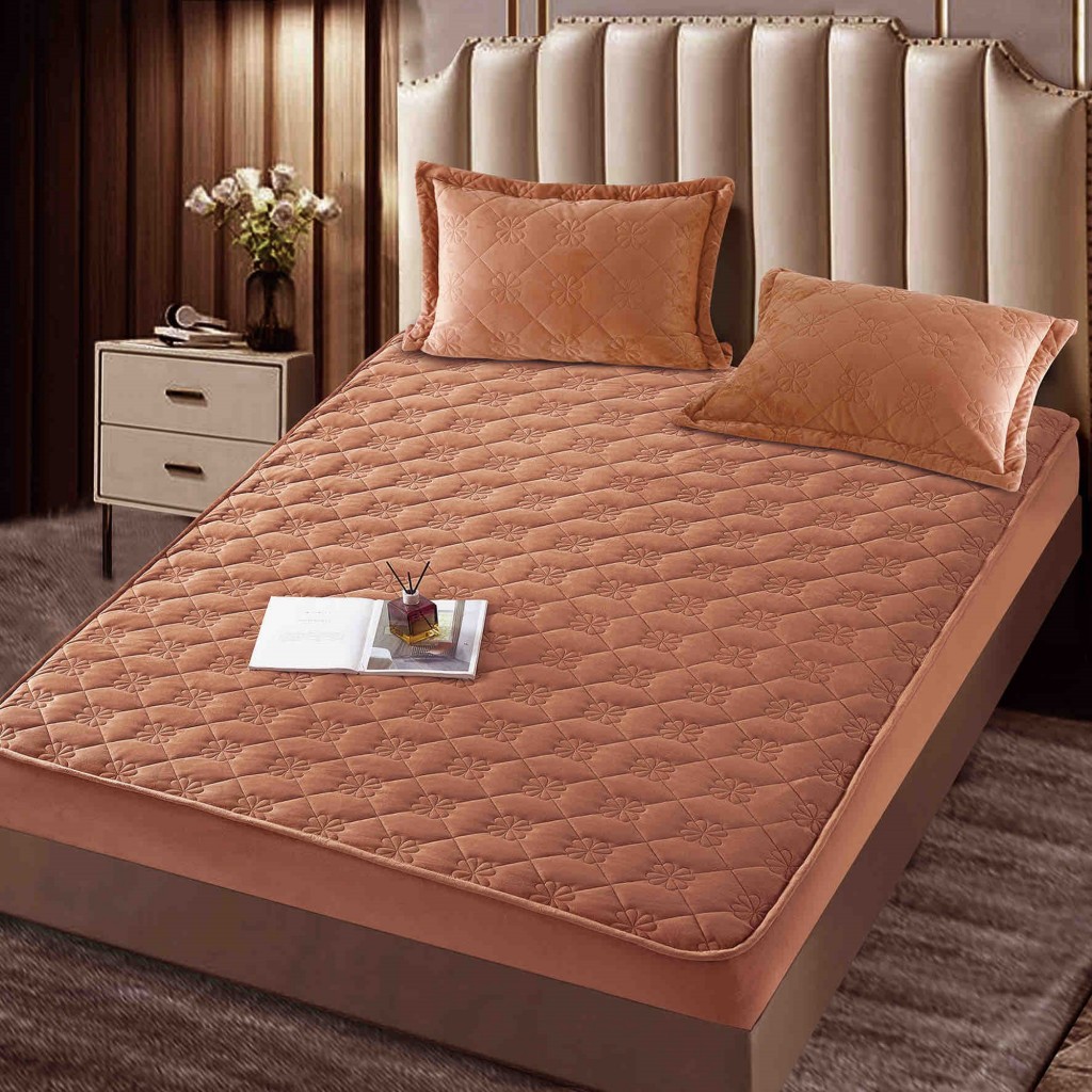 Husă de pat, Topper, 2 persoane, catifea, 140x200cm, 3 piese, cu elastic, maro , HPT404