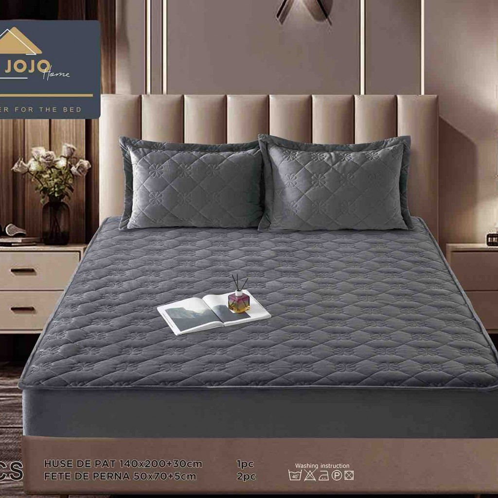 Husă de pat, Topper, 2 persoane, catifea, 140x200cm, 3 piese, cu elastic, gri închis, HPT406