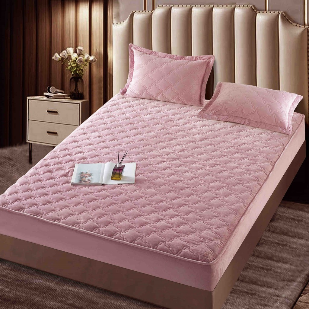 Husă de pat, Topper, 2 persoane, catifea, 140x200cm, 3 piese, cu elastic, roz , HPT407