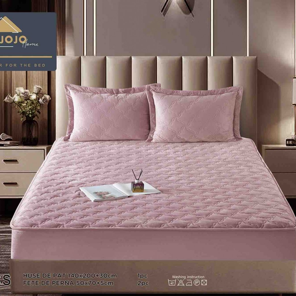 Husă de pat, Topper, 2 persoane, catifea, 140x200cm, 3 piese, cu elastic, roz , HPT407