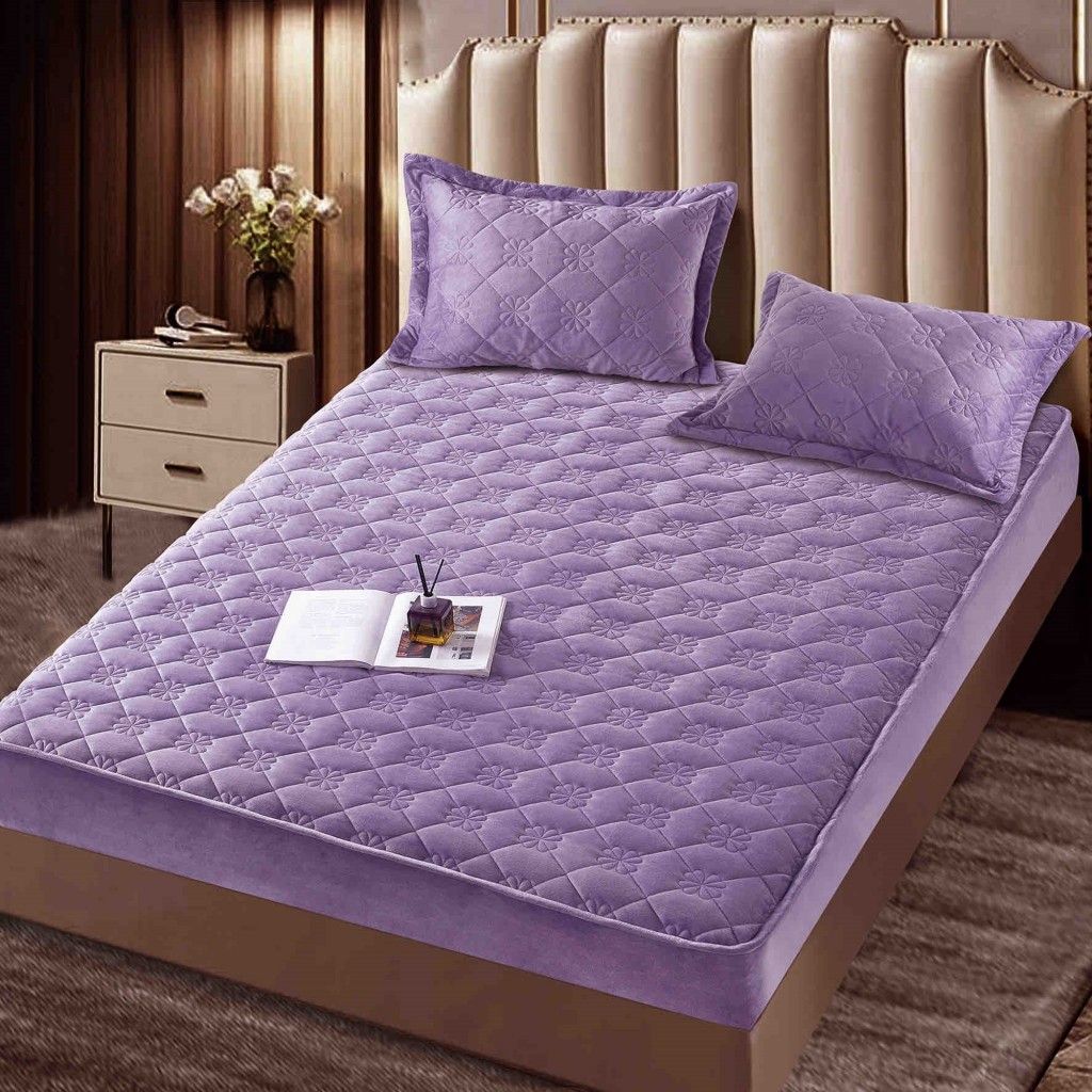 Husă de pat, Topper, 2 persoane, catifea, 140x200cm, 3 piese, cu elastic, mov , HPT408