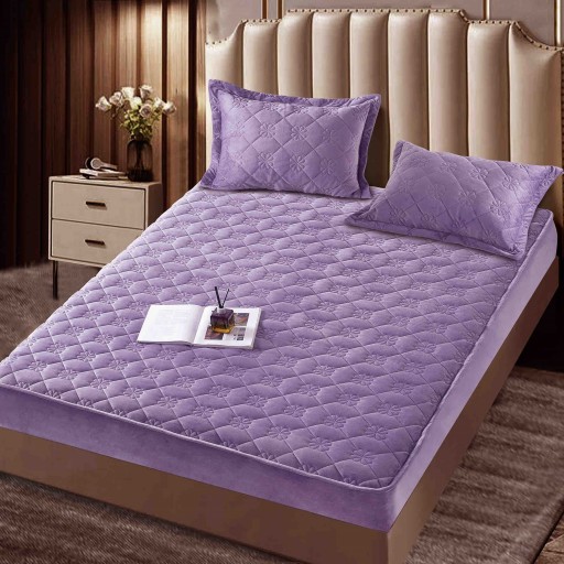 Husă de pat, Topper, 2 persoane, catifea, 140x200cm, 3 piese, cu elastic, mov , HPT408