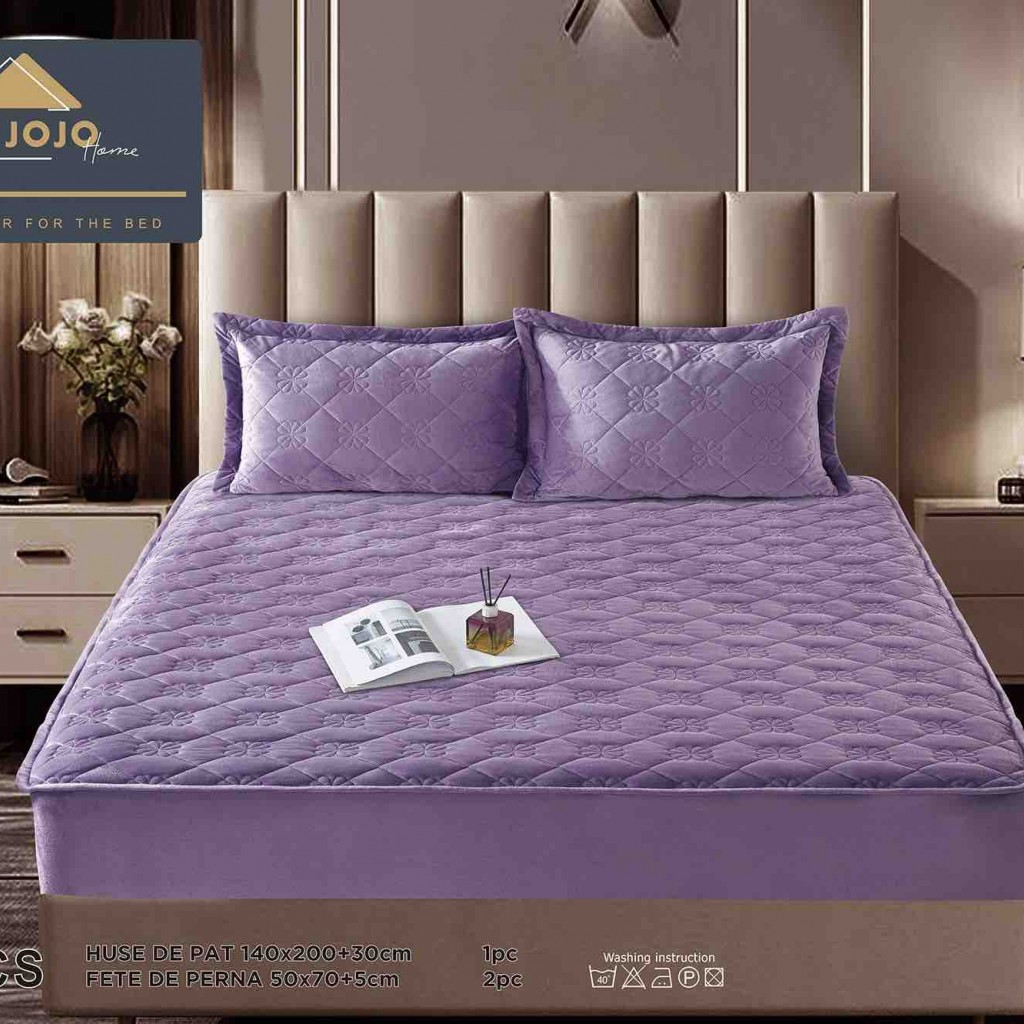 Husă de pat, Topper, 2 persoane, catifea, 140x200cm, 3 piese, cu elastic, mov , HPT408