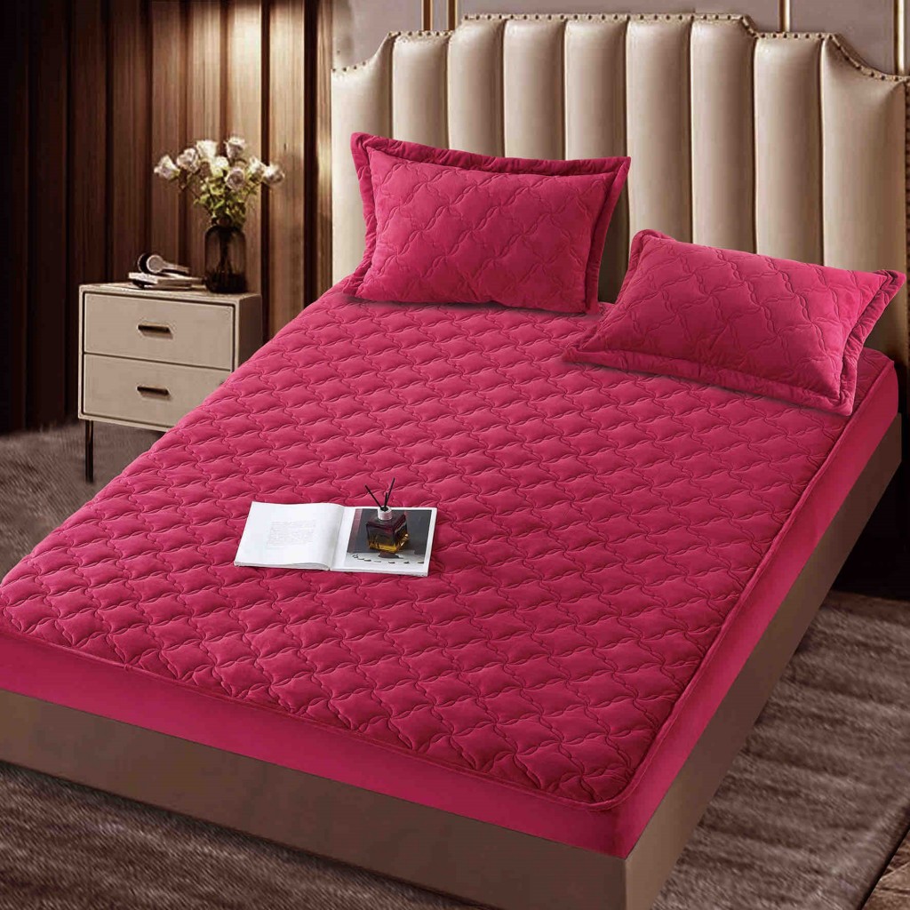 Husă de pat, Topper, 2 persoane, catifea, 140x200cm, 3 piese, cu elastic, roșu , HPT409