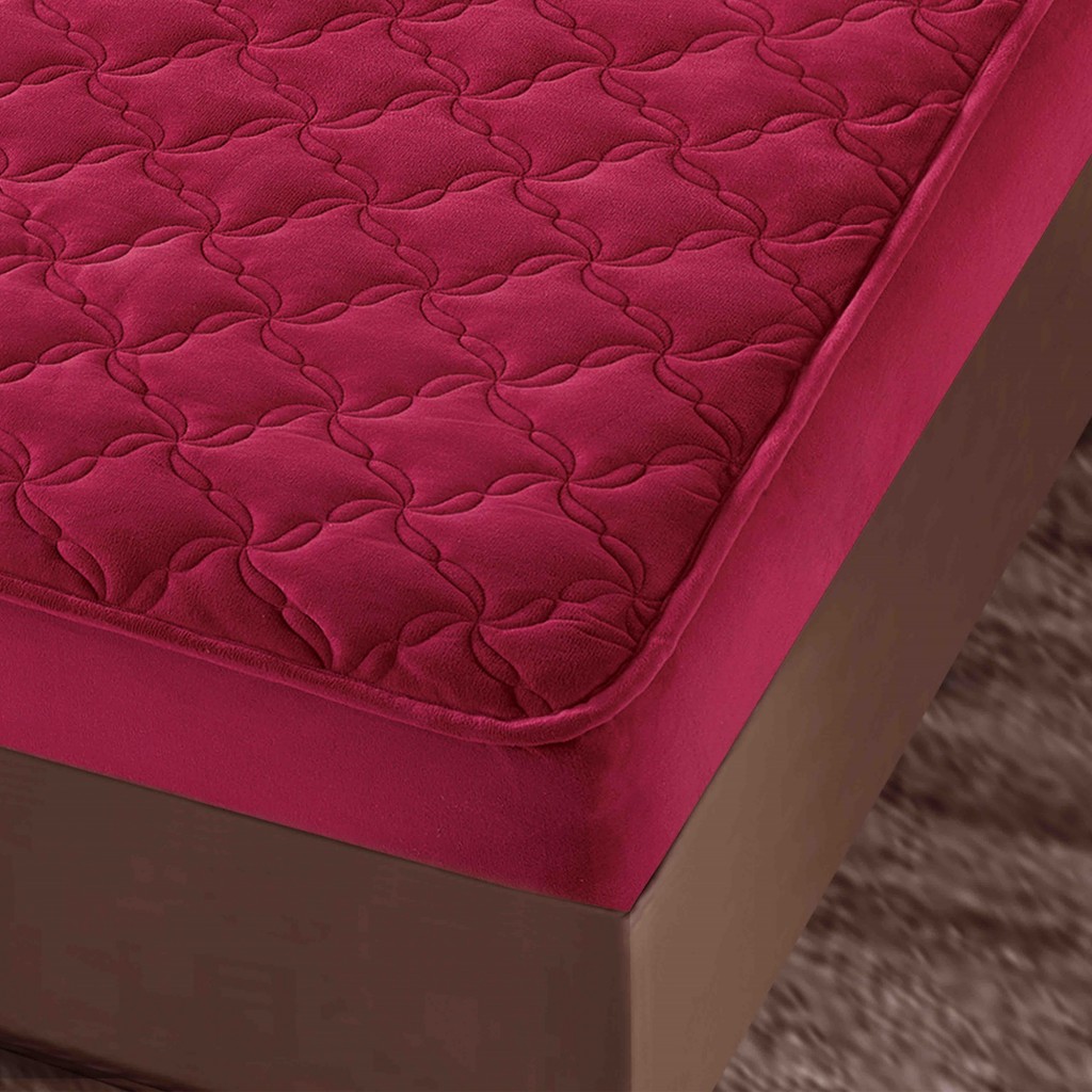 Husă de pat, Topper, 2 persoane, catifea, 140x200cm, 3 piese, cu elastic, roșu , HPT409