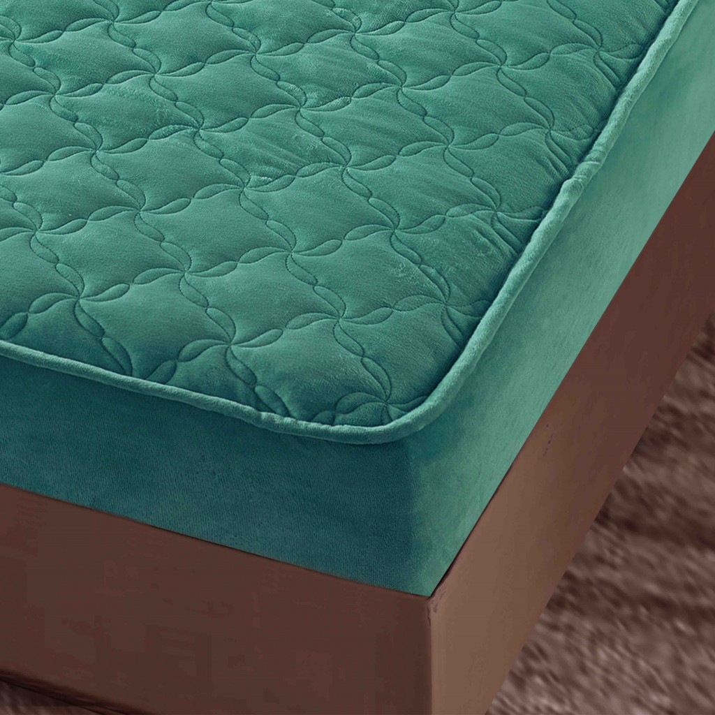 Husă de pat, Topper, 2 persoane, catifea, 140x200cm, 3 piese, cu elastic, verde deschis, HPT410